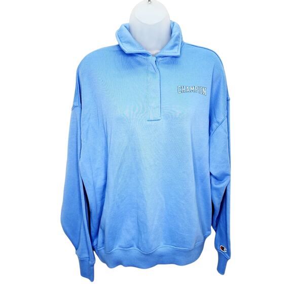 Champion Blue Pull Over Long Sleeve Collared 3 Button Women's Sweatshirt Size M - Picture 1 of 13
